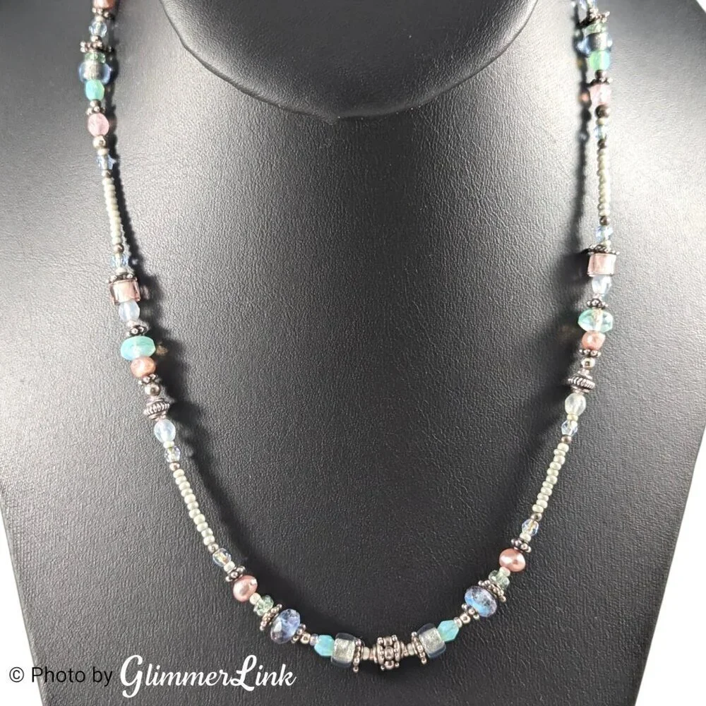 Sterling Multicolor Pastel Glass Pink Pearl Seed Bead Necklace